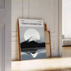 Mount Fuji poster in serene minimalist gray and blue landscape artwork