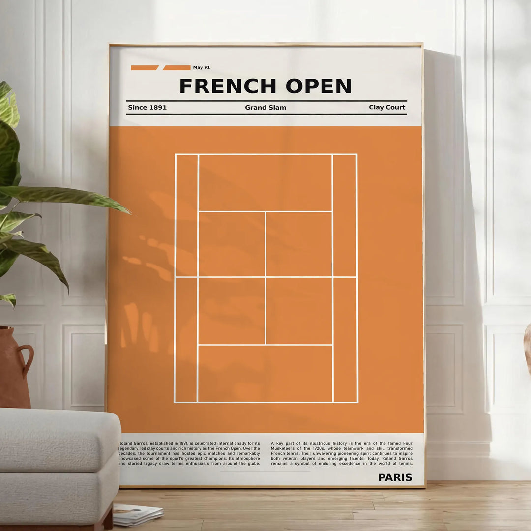 Minimalist black and white illustration of tennis at Roland Garros