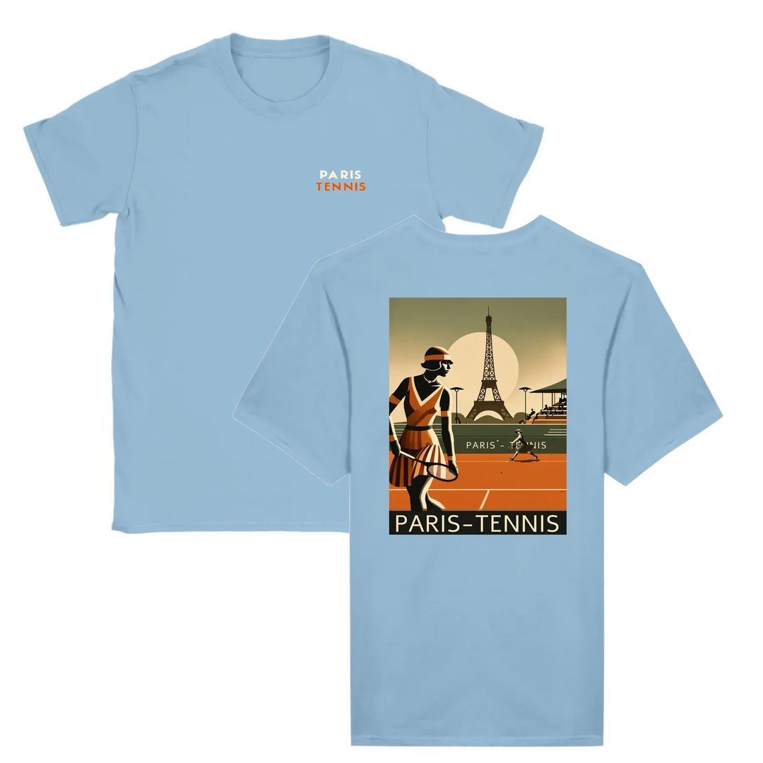 T-shirt featuring a graphic print of tennis elements and the Eiffel Tower
