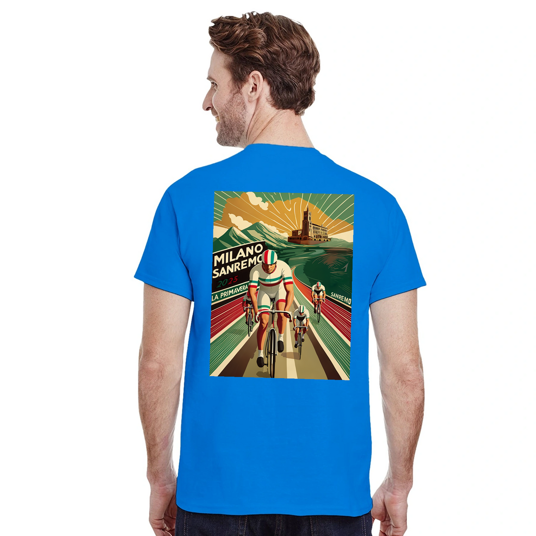 T-shirt featuring a graphic of the Milano–Sanremo cycling race
