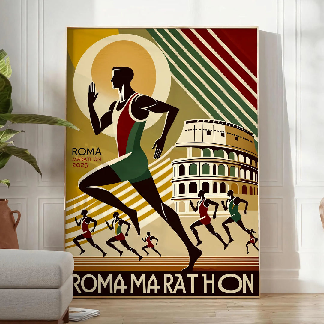Stylized illustration of runners in the Rome Marathon with cityscape background