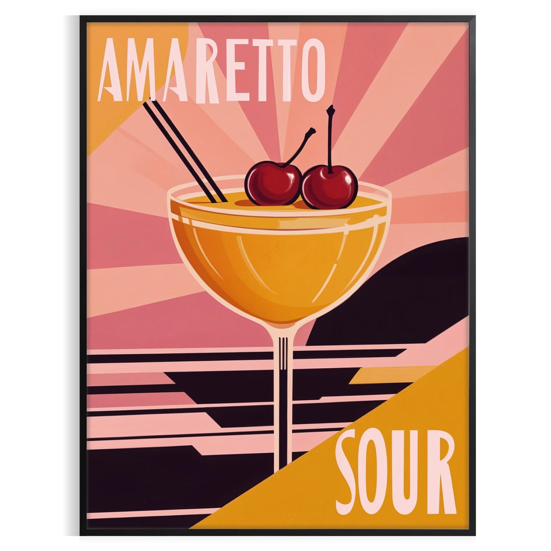 Illustration of an Amaretto Sour cocktail with orange and red hues