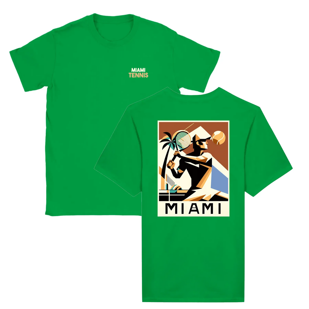 T-shirt featuring a graphic of a tennis player in action against a Miami skyline