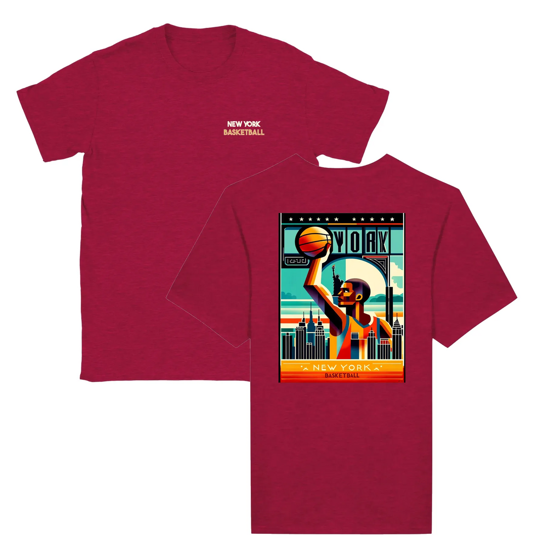 T-shirt featuring a graphic of a basketball and New York skyline
