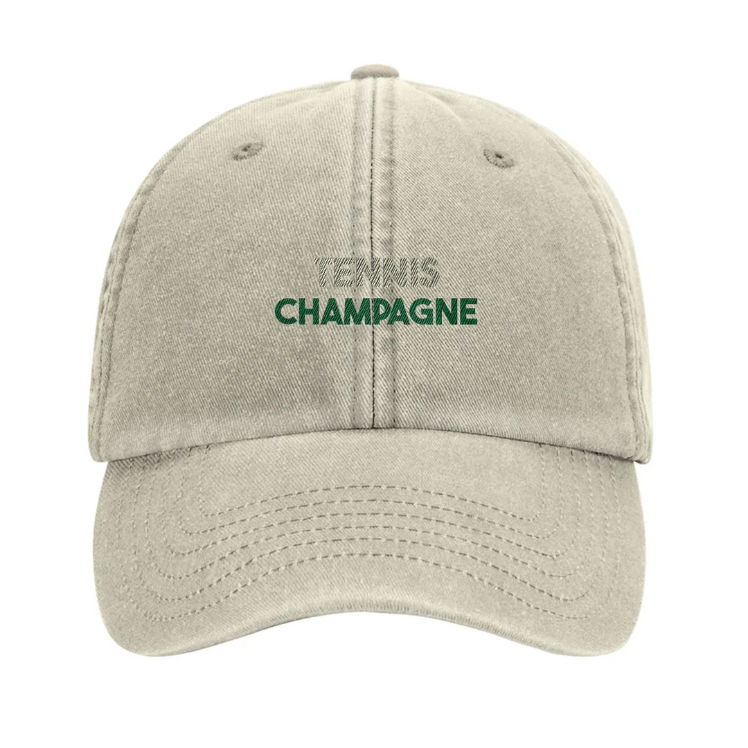 Cap featuring an embroidered vintage tennis design with champagne elements