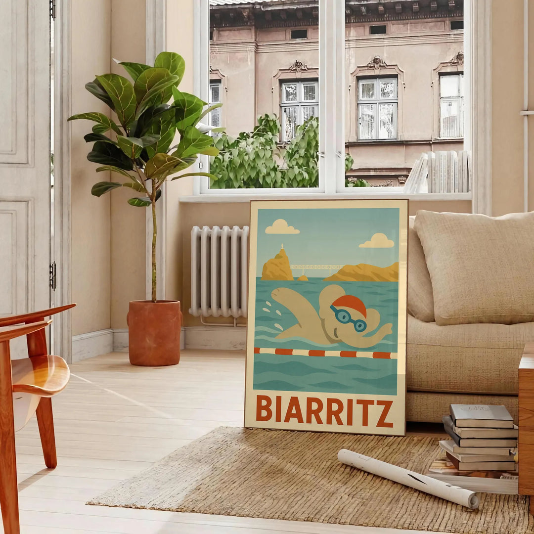 Whimsical illustration of a gray elephant swimming in blue water, Biarritz