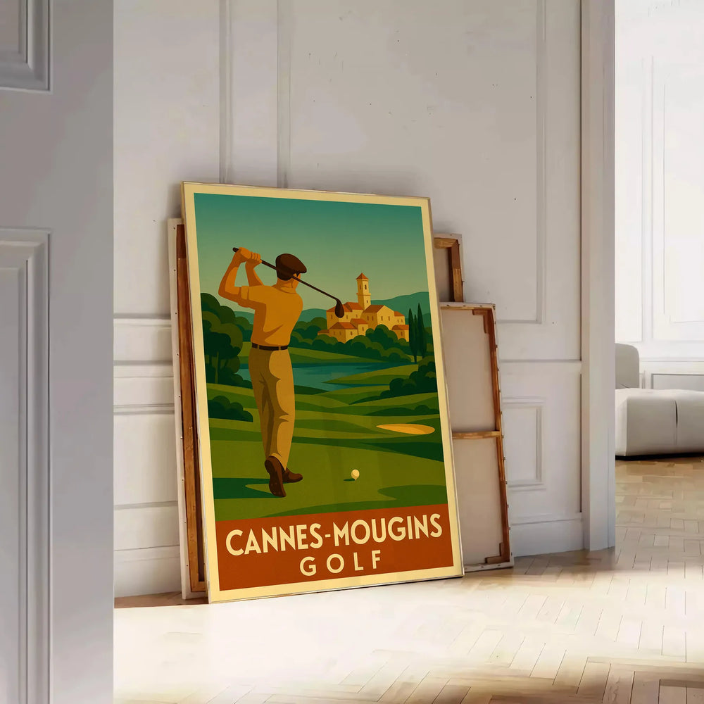 Art Deco poster featuring a golf scene in Cannes Mougins with yellow and gray tones