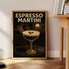 Black and gray stylized espresso martini cocktail poster with minimalist design