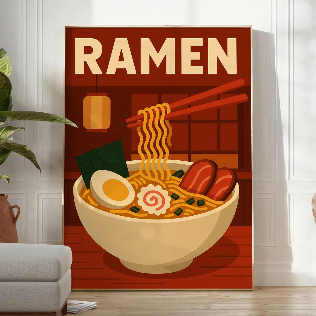 Green and black Japanese ramen kitchen poster, minimalist graphic bowl illustration