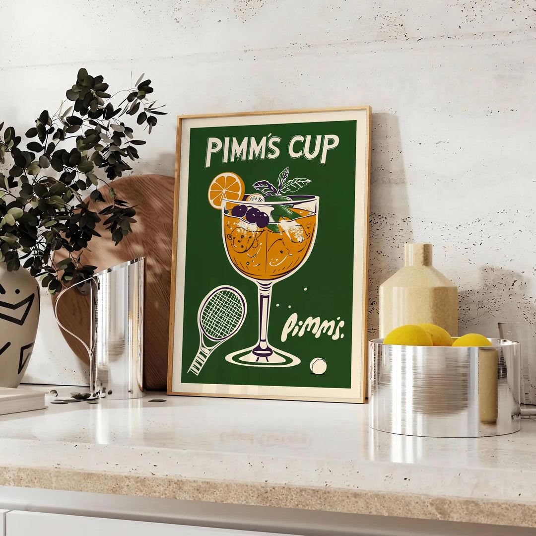 Illustration of a Pimm's Cup cocktail with Wimbledon elements, featuring orange and green hues
