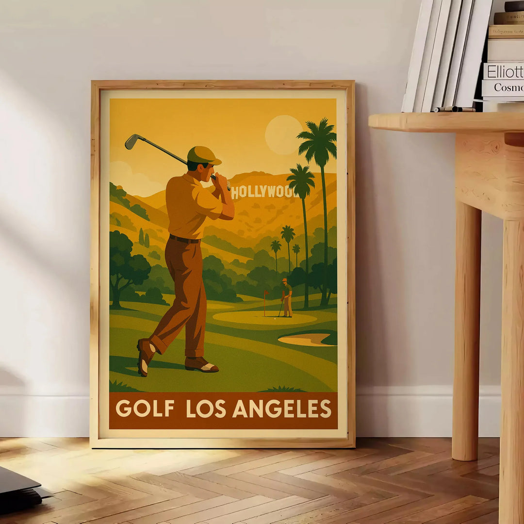 Vintage golf poster depicting Los Angeles landscape in brown and green