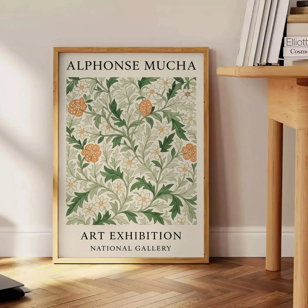 Ilustração botânica em estilo Art Nouveau de Alphonse Mucha com designs florais intrincados em tons terrosos