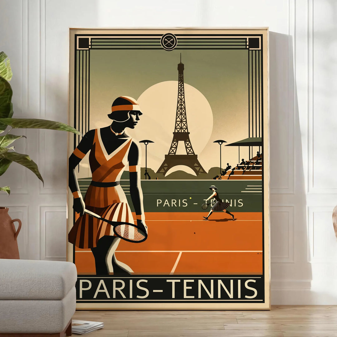 Black and brown Paris tennis art poster with elegant minimalist illustration