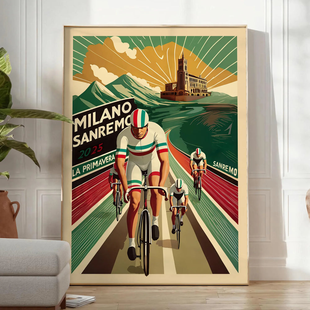 Vintage poster depicting cyclists racing through a green landscape with orange accents