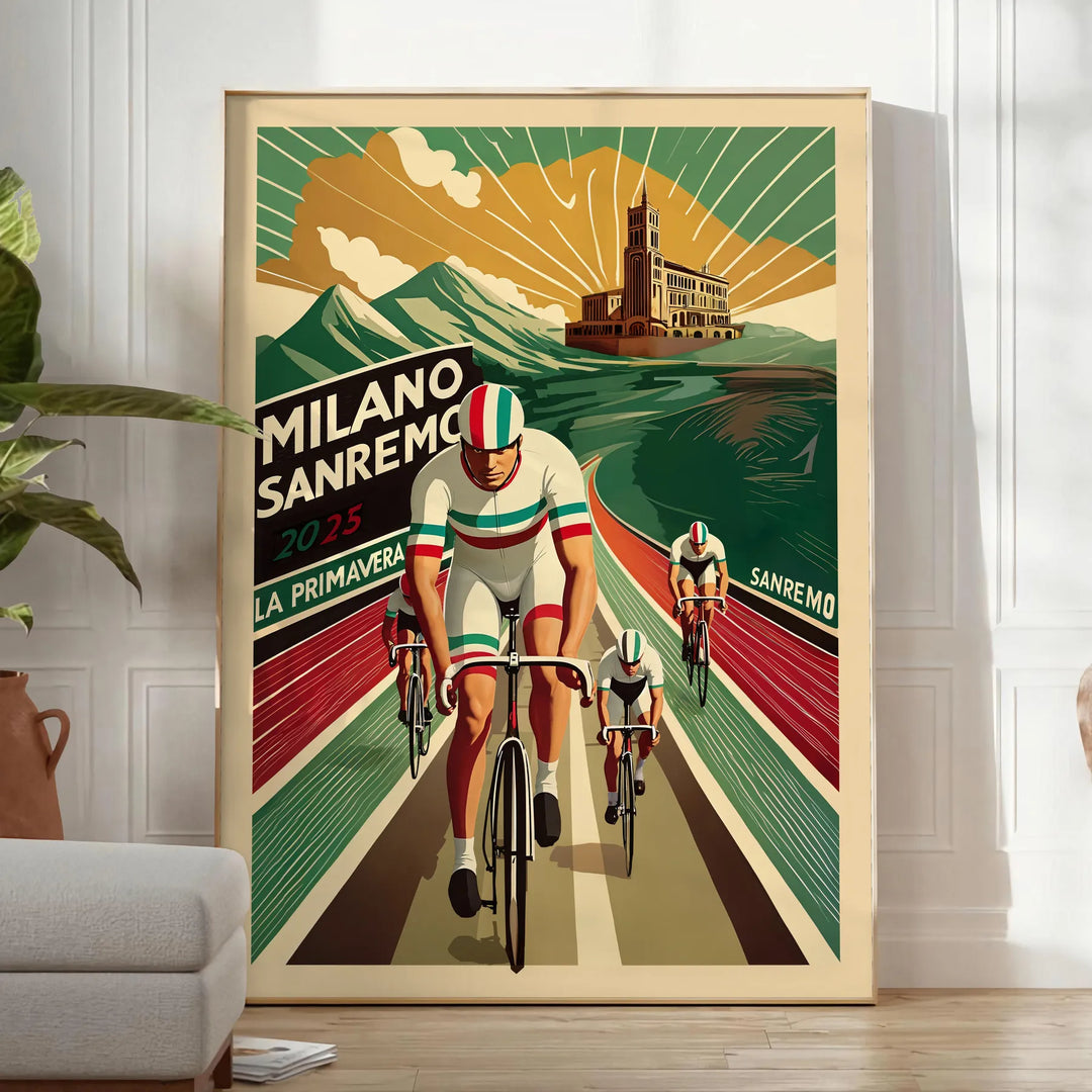 Vintage poster depicting cyclists racing through a green landscape with orange accents