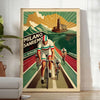 Vintage poster depicting cyclists racing through a green landscape with orange accents