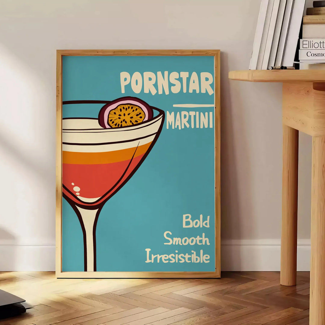 Pop-art style illustration of a Pornstar Martini cocktail in blue and red