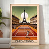 Stylized tennis player in red and black with the Eiffel Tower in the background