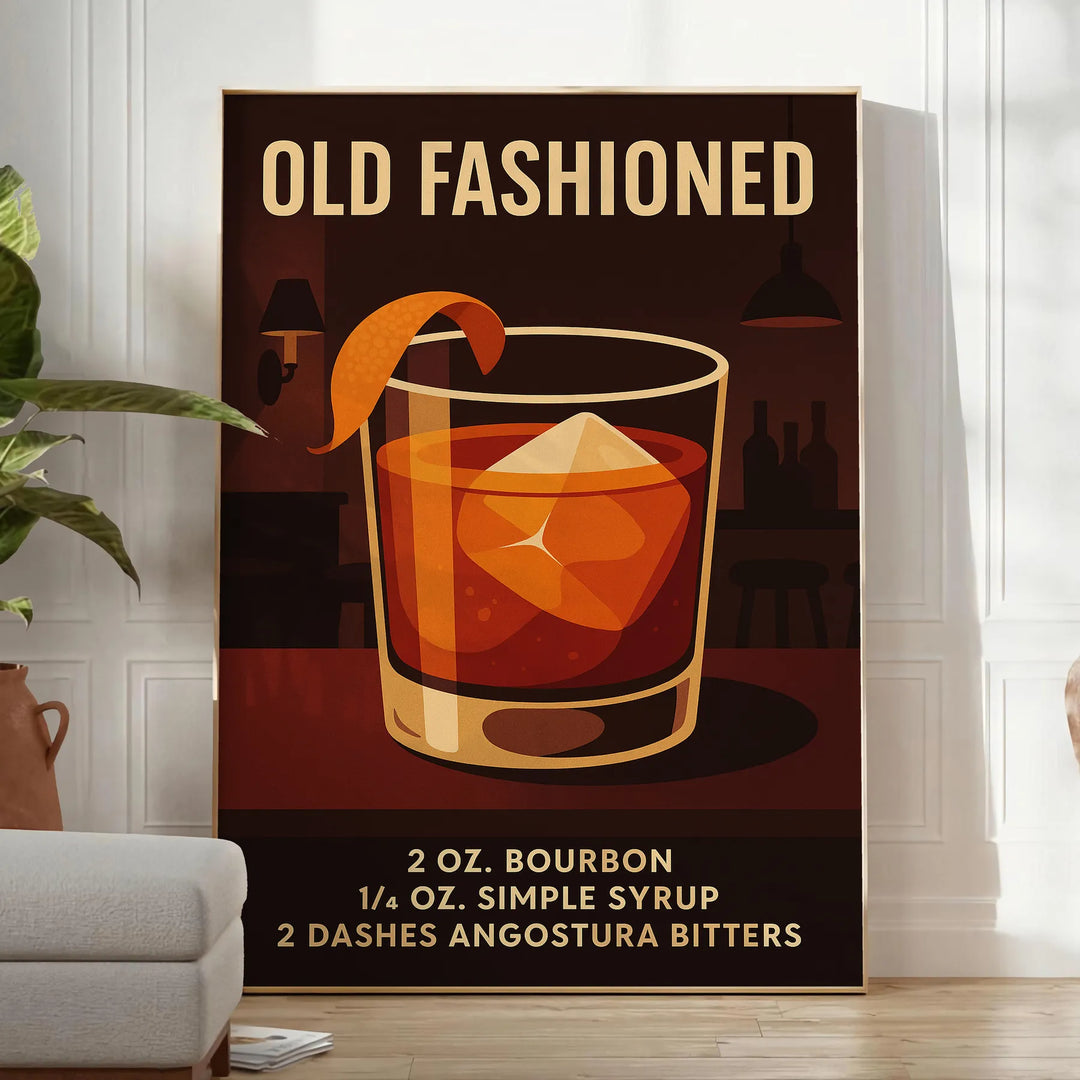Black and gray poster of an Old Fashioned cocktail illustration