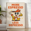 Kitchen poster featuring 'More Espresso Less Depresso' typography with a stylized eye in green-gray tones