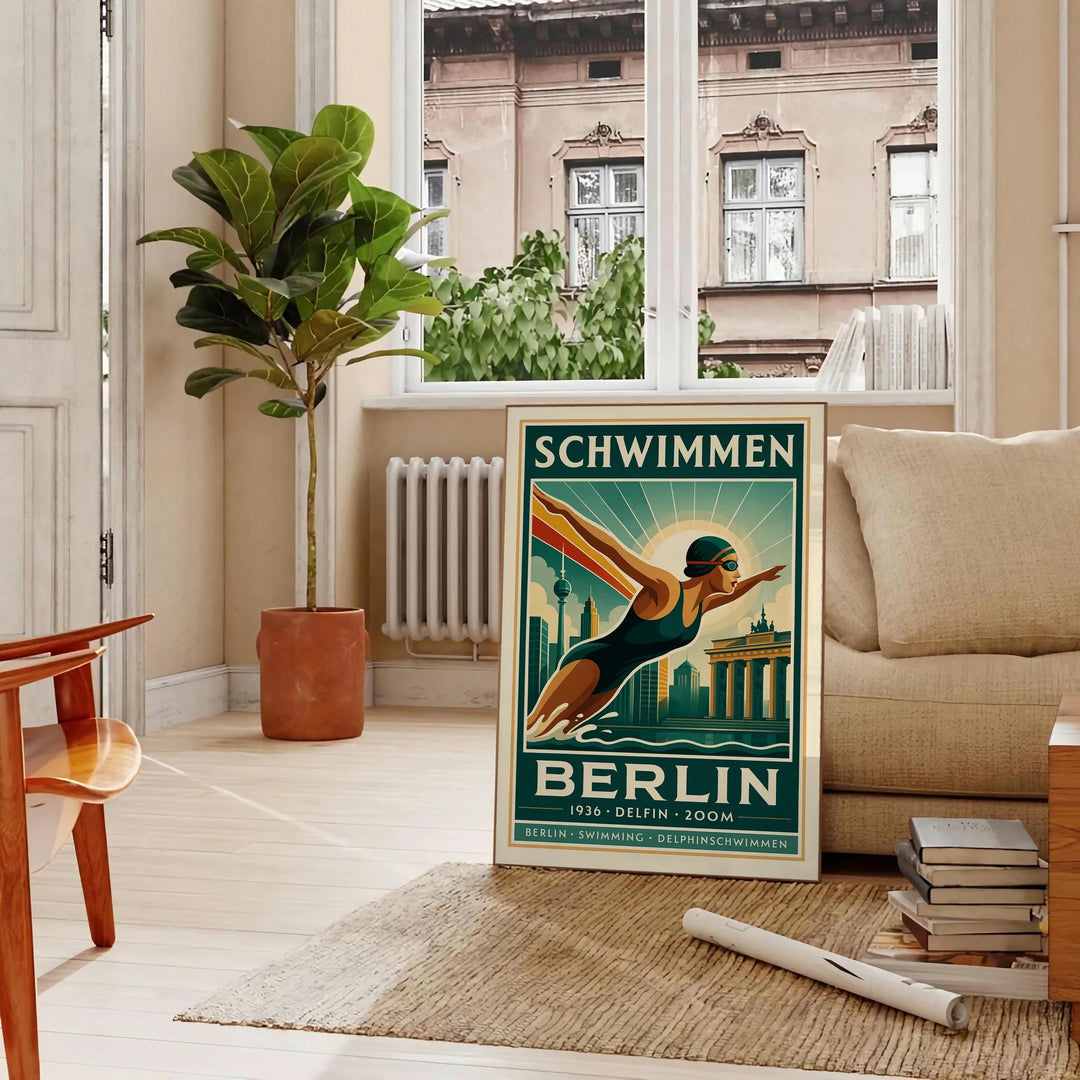 ambiance Berlin affiche Swimming teintes marron vert 50x70 30x40 idéal espace œuvre captivante style encadré
