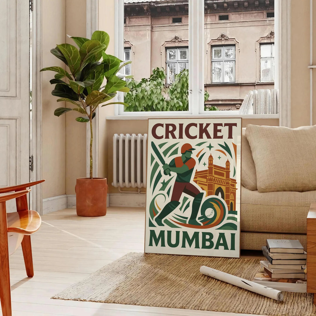 Gray and white poster of stylized cricket player, minimalist Mumbai design