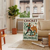 Gray and white poster of stylized cricket player, minimalist Mumbai design