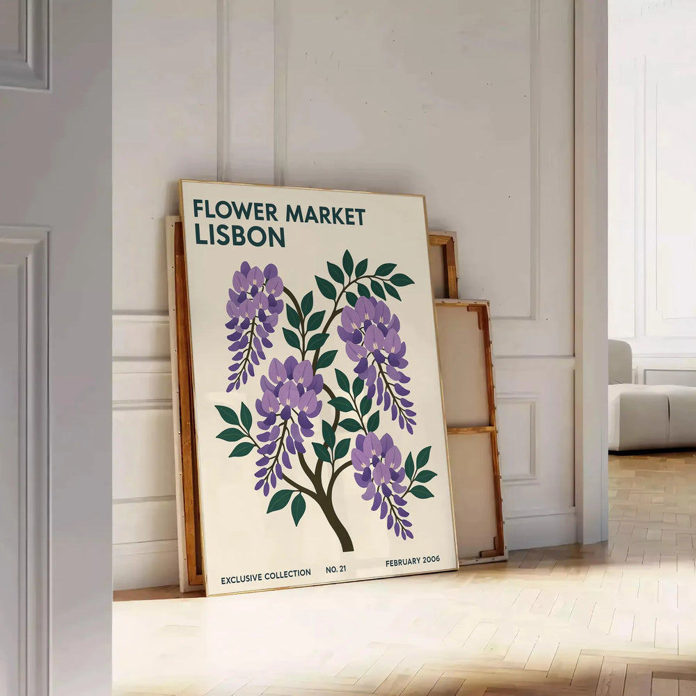 Botanical Lisbon flower market poster in blue and gray vintage style