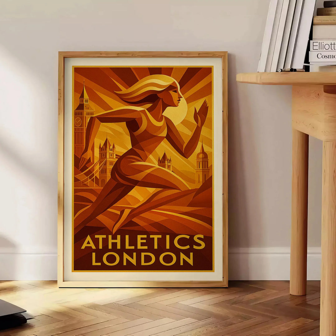 Atleta femenina en acción con el horizonte de Londres, estilo gráfico en tonos tierra