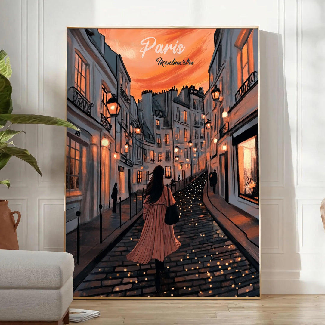 Montmartre Paris illustrated art poster in green and orange, vintage style