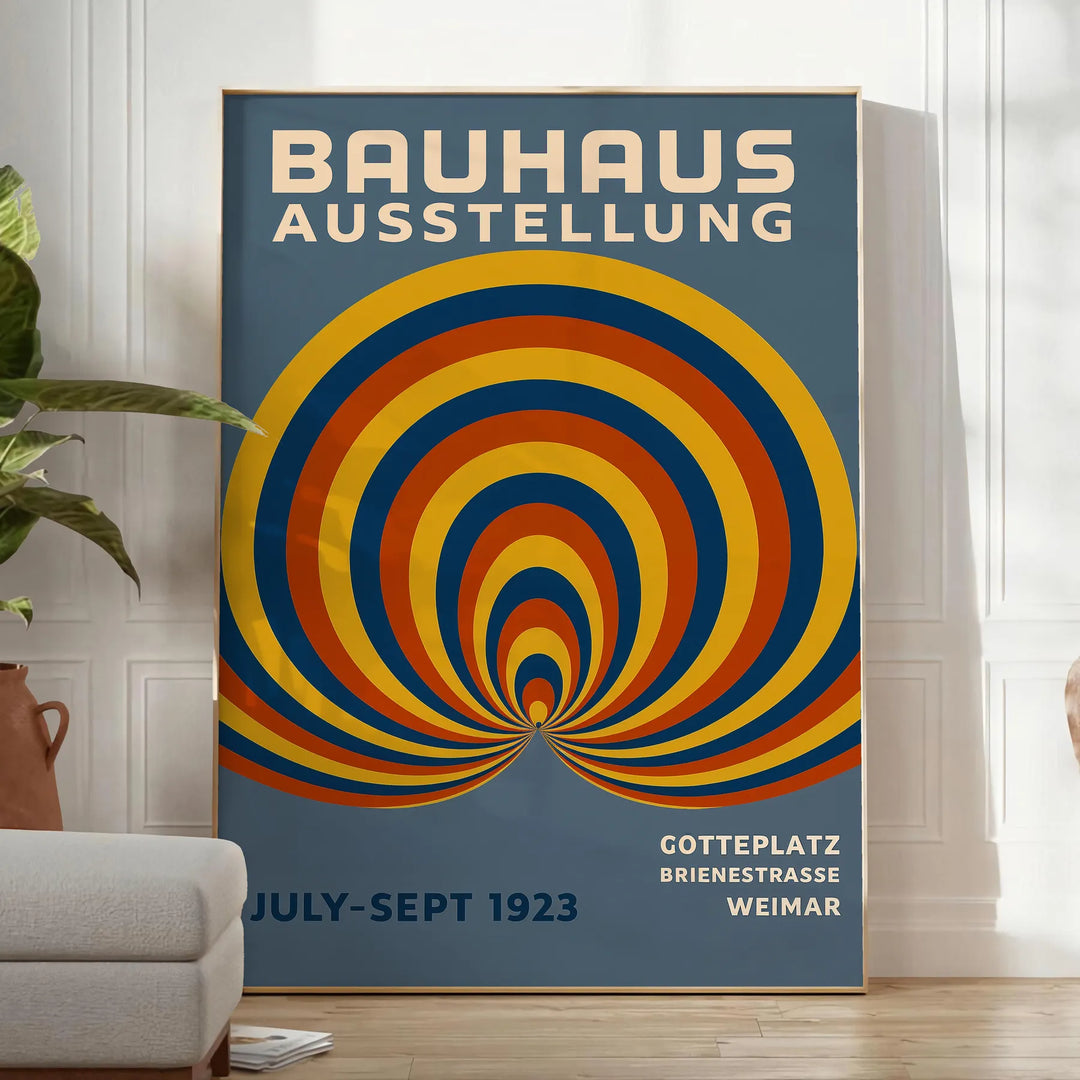 Bauhaus poster featuring abstract blue and green circular geometric design
