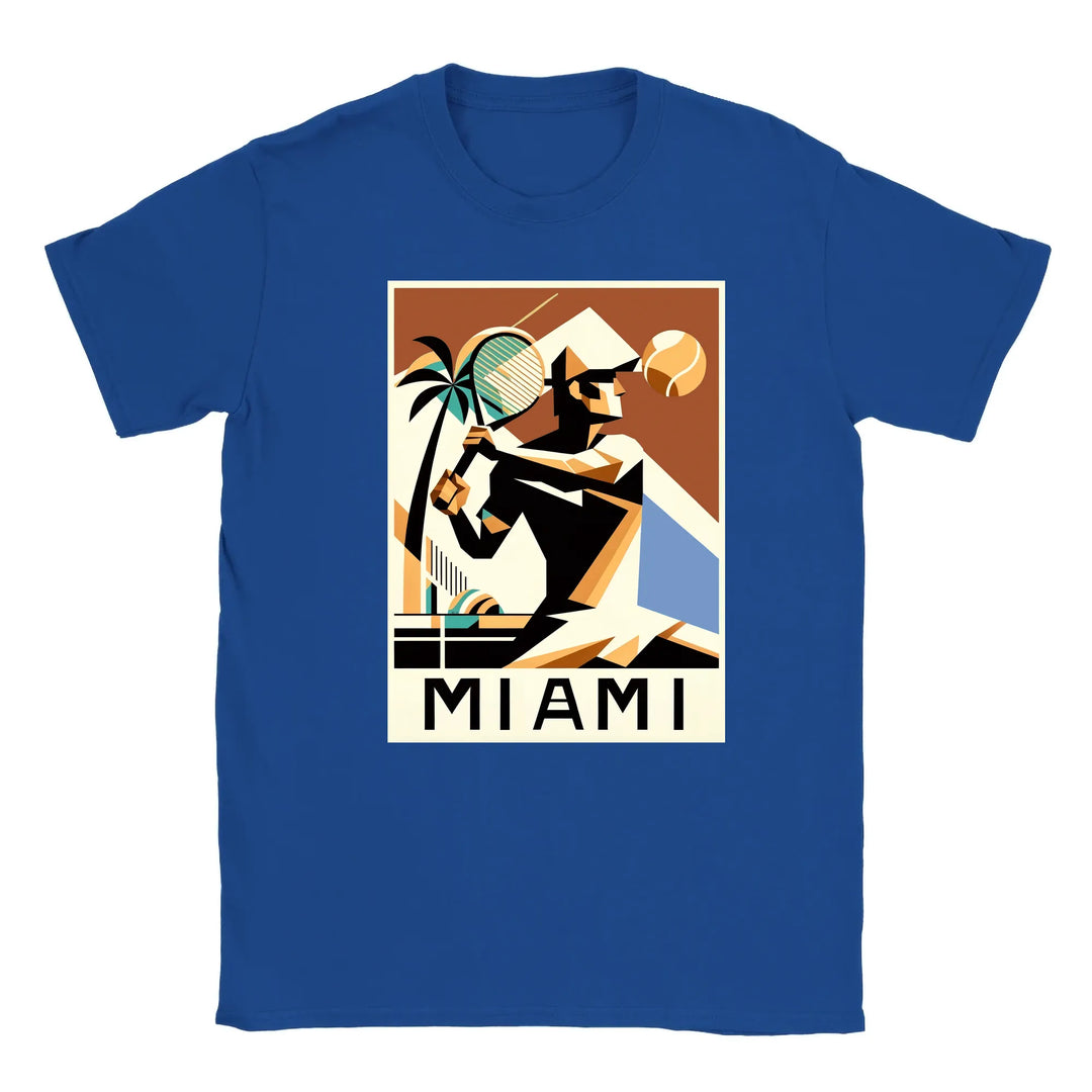 T-shirt featuring a graphic of tennis rackets and a Miami skyline