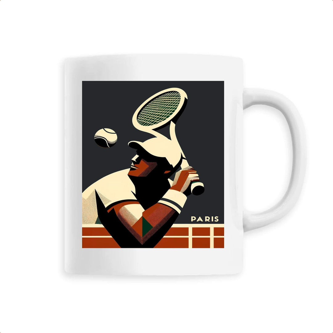 White ceramic mug showing a minimalist tennis racket and ball illustration