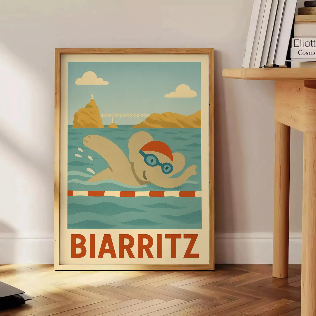 Whimsical illustration of a gray elephant swimming in blue water, Biarritz