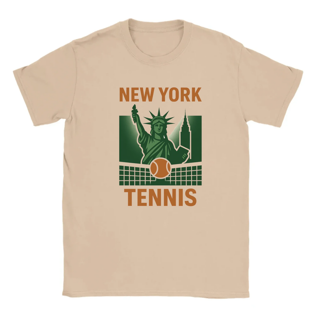 T-shirt featuring a graphic of tennis rackets and balls with New York text