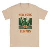 T-shirt featuring a graphic of tennis rackets and balls with New York text