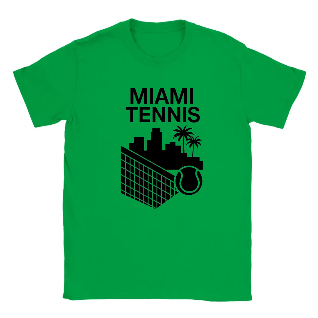 T-shirt featuring a graphic of a tennis player in action against a Miami skyline