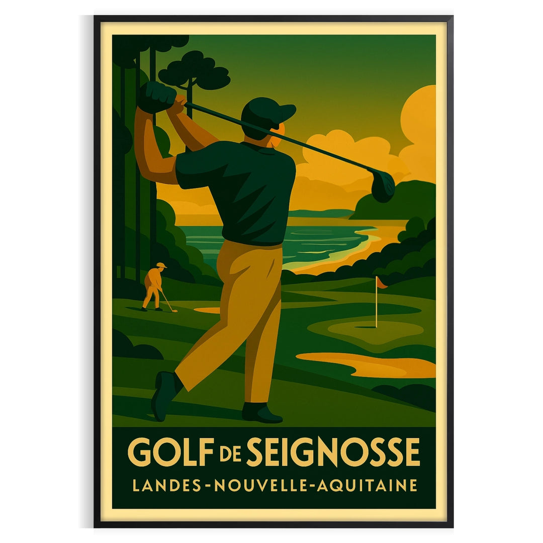 Seignosse golf poster in vintage art‑deco style, yellow and gray