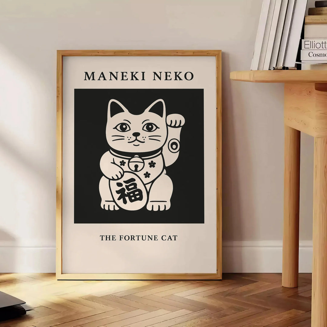 Poster Maneki Neko grigio e arancione, illustrazione giapponese minimalista