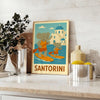 Whimsical illustration of a blue elephant paddling in Santorini