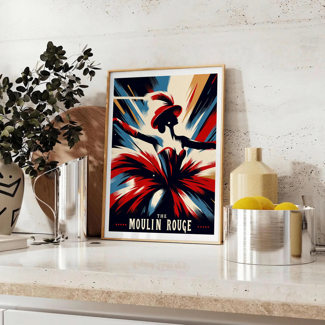Vintage Moulin Rouge dancer artwork poster in red and white