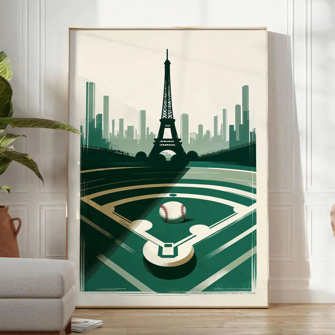 Vintage poster showing baseball player with Paris motifs in retro style