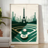 Vintage poster showing baseball player with Paris motifs in retro style