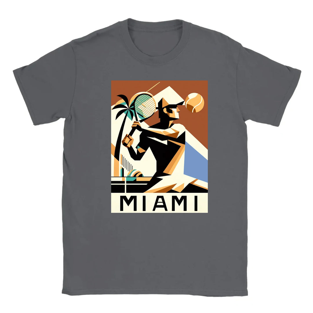 T-shirt featuring a graphic of a Miami tennis court with retro typography