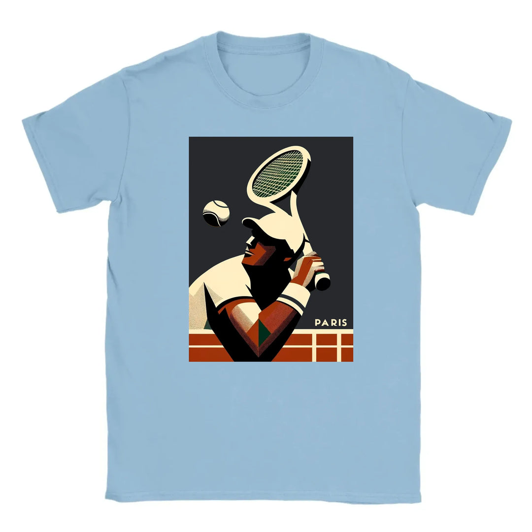 T-shirt featuring a graphic design of tennis elements and Paris landmarks