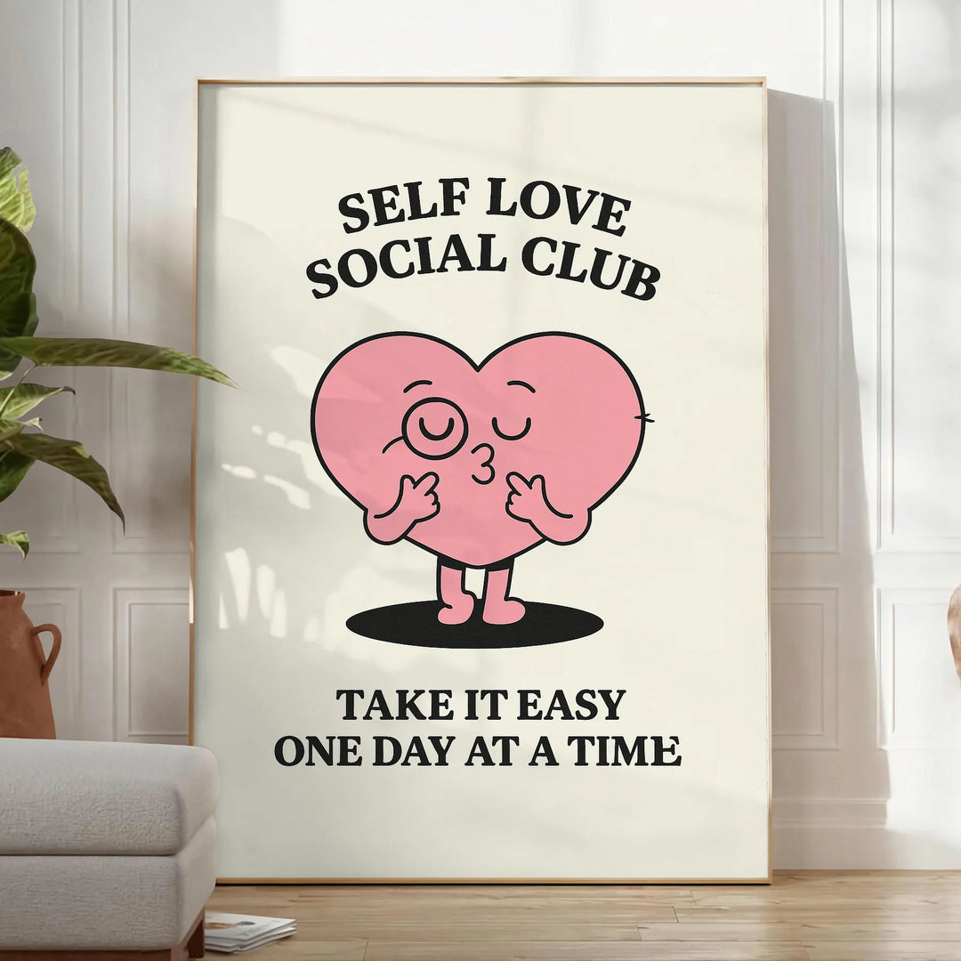 Μαύρο και άσπρο μινιμαλιστικό πόστερ με 'Self Love Social Club' σε έντονη τυπογραφία