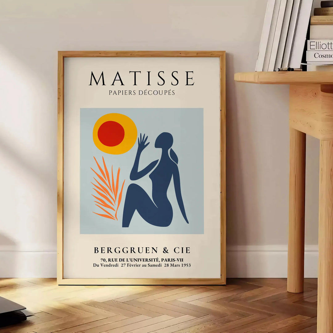 Poster of Matisse woman papiers découpés artwork in white and orange.