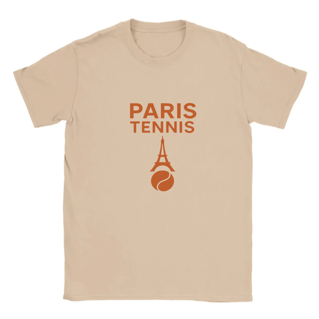 T-shirt featuring a graphic of tennis rackets and a ball with Paris landmarks