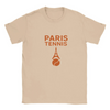 T-shirt featuring a graphic of tennis rackets and a ball with Paris landmarks