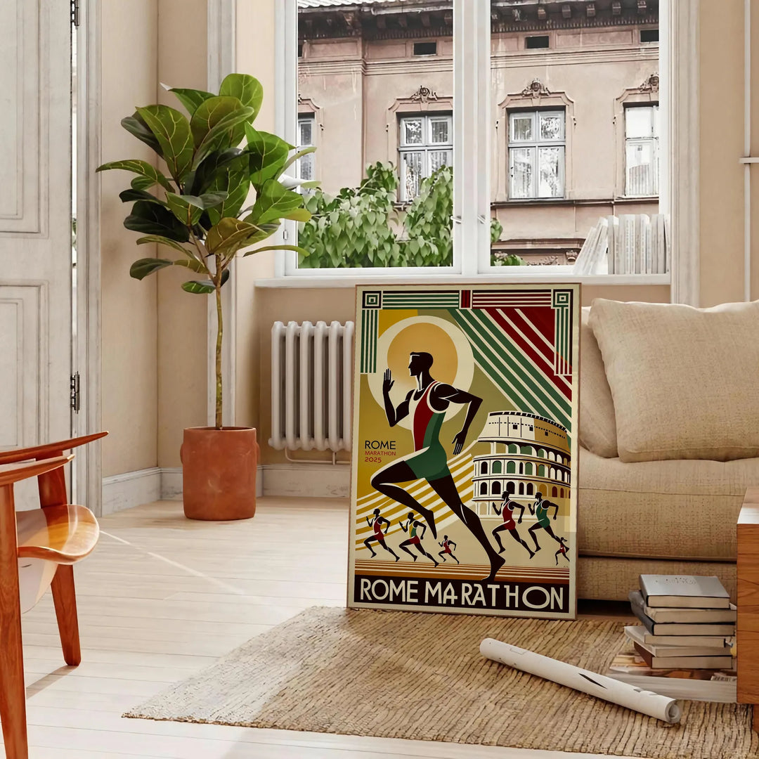 Brown and green Rome Marathon poster showing stylized runners and skyline